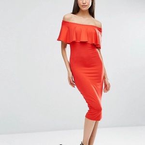ASOS Ruffle Off Shoulder Bardot Pencil Midi Dress